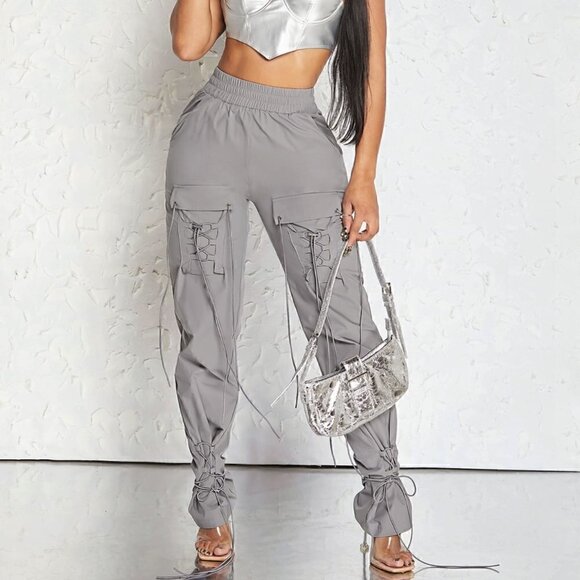 . Pants - Grey Casual Womens Flap Pocket Side Drawstring Hem Cargo Pants